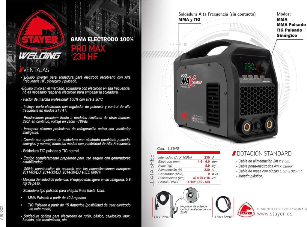 Apparecchiatura inverter per saldatura per elettrodo rivestito ad alta frequenza HF, sinergico e pulsato, con 230 A. PRO MAX 230 HF