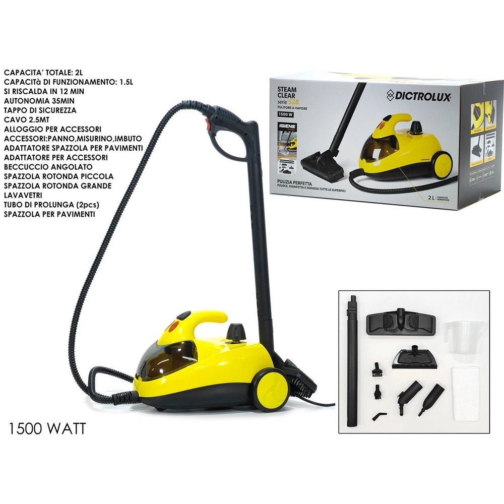 Trade Shop - Pulitore A Vapore Multifunzionale A Traino 1500 Watt Igienizza Pulisce Casa Con Accessori -