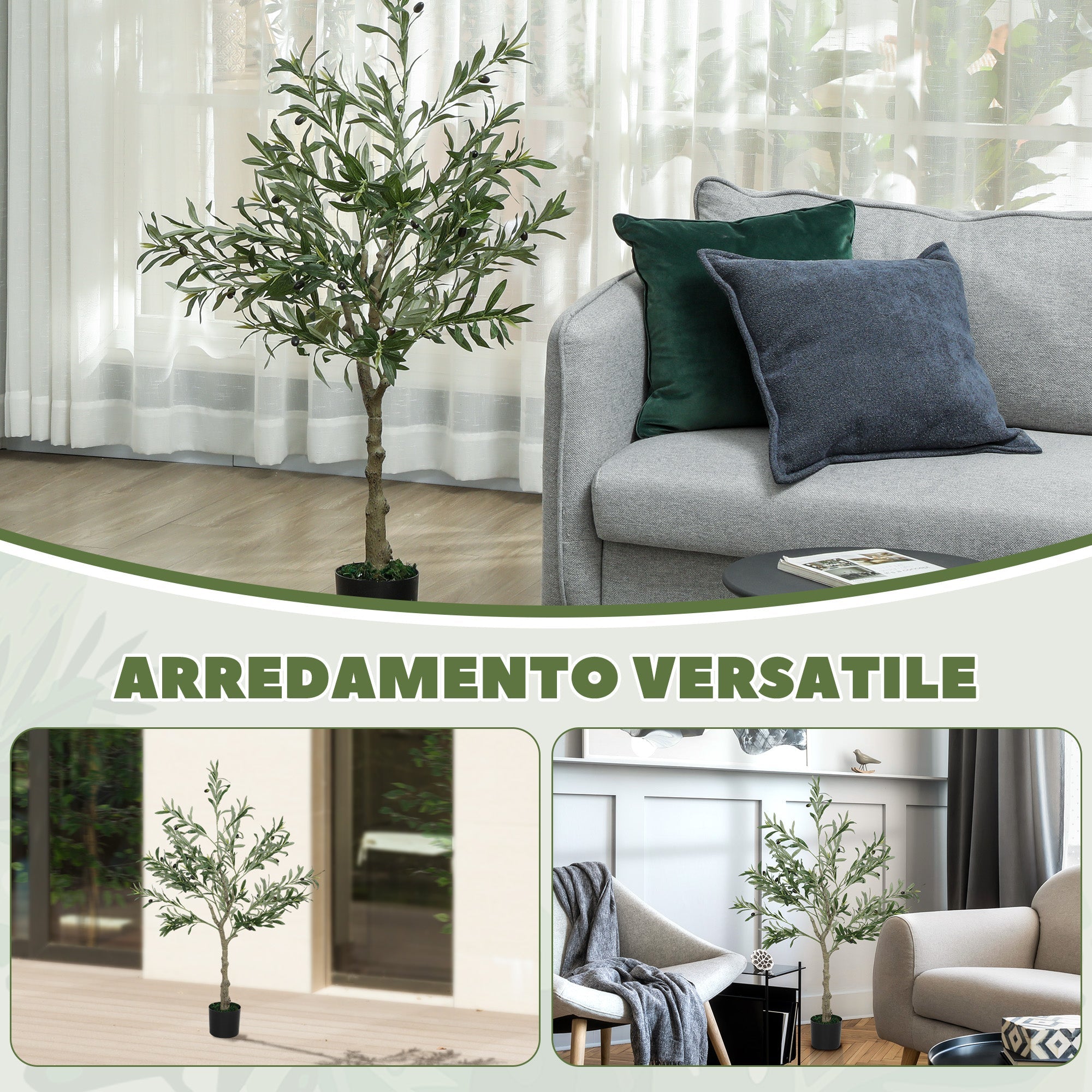 Pianta Artificiale di Ulivo 120 H cm con 450 Foglie e 20 Olive Vaso Incluso