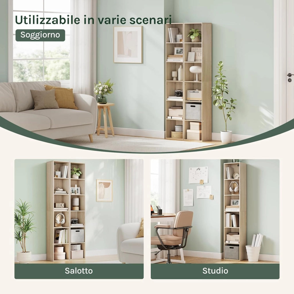 Libreria Verticale 6 Scompartimenti Scaffale per Libri Mobiletto in Legno per Soggiorno Moderno Legno Chiaro 30x24x158,5 cm SK003hei6