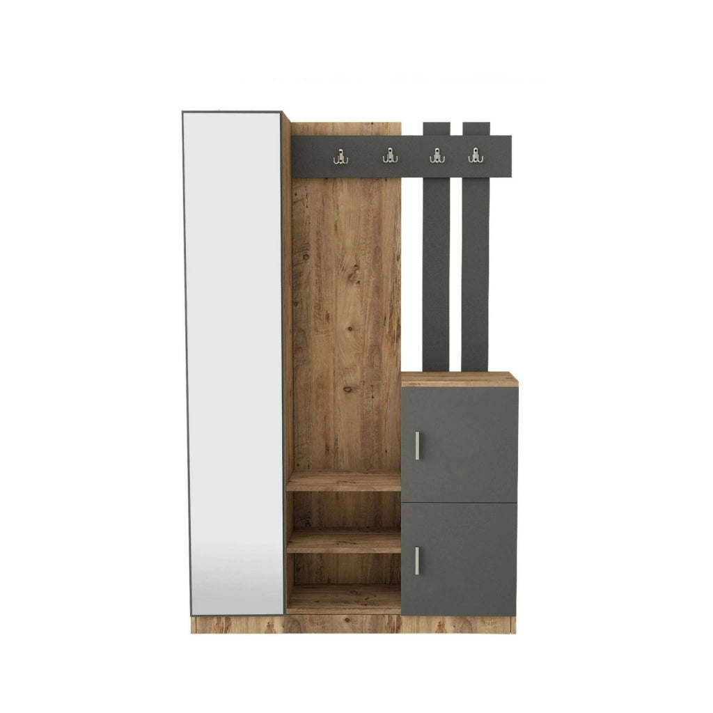 Mobile da ingresso Arco, Entratina appendiabiti, Composizione per atrio, Consolle portaoggetti multifunzione, 114x38h180 cm, Quercia e Antracite