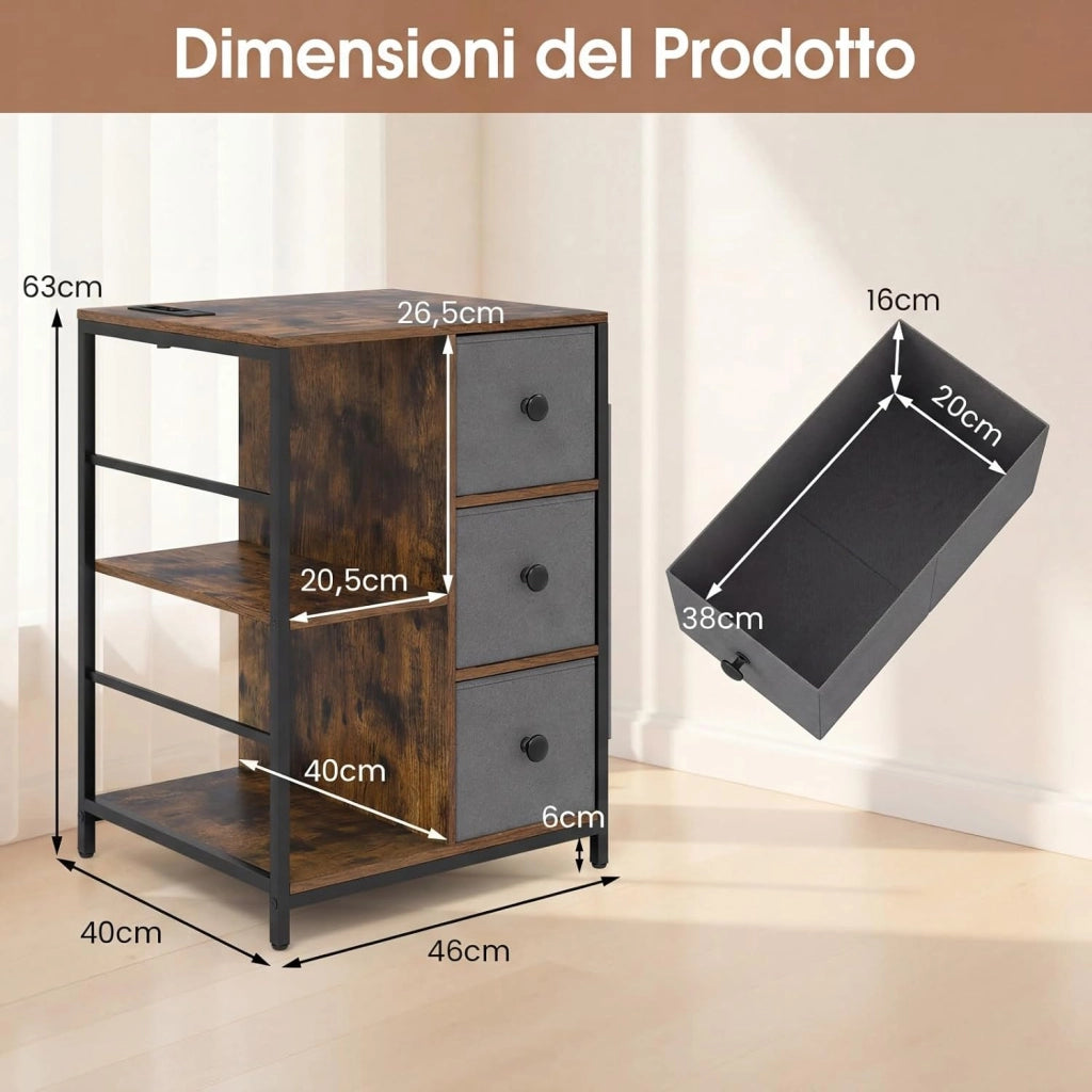 Armadio con Stazione di Ricarica, Organizer Industriale con 3 Ripiani, Cassetti in Tessuto e Tasche Laterali, per Camera da Letto e Soggiorno, 46x40x63 cm