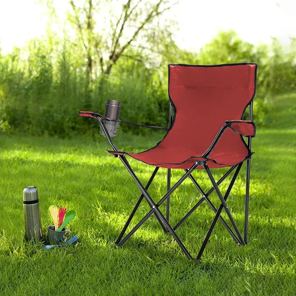 Sedia Camping Pieghevole Struttura In Acciaio Con Tasca PortaBevande Campeggio Sedie Portatile Pescatore SalvaSpazio Impermeabile Antiruggine Vacanze Mare Spiaggia Lettino  Rosso