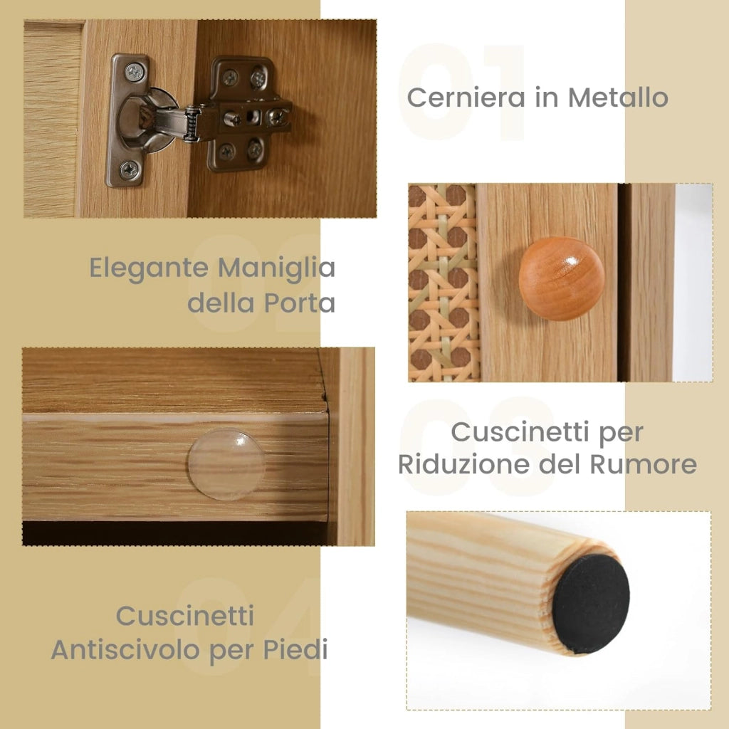 Comodino da Camera da Letto, Comodino in Legno con Porta in Rattan, Scomparto Aperto e Gambe in Legno Massello, Comò Moderno per Soggiorno e Studio, 40 x 39 x 70 cm (1, Naturale)