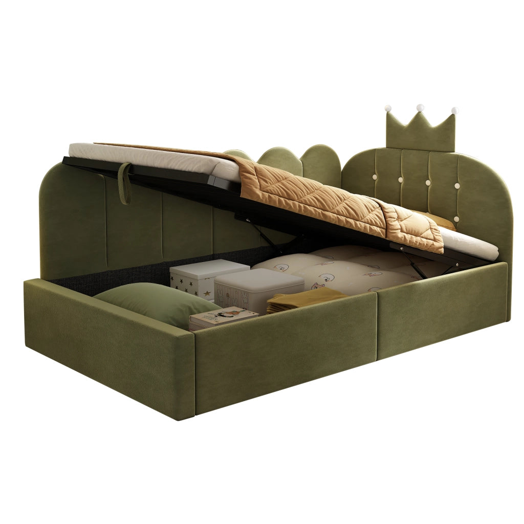 Divano Letto Singolo 90x190 cm in Velluto Verde con Contenitore Idraulico e Design a Corona
