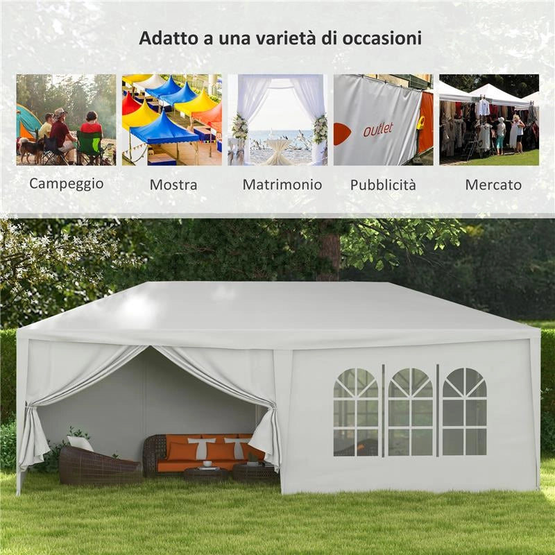 GAZEBO TENDONE PER FESTE 6X3M CON PARETI LATERALI RIMOVIBILI, PORTE E FINESTRE, BIANCO