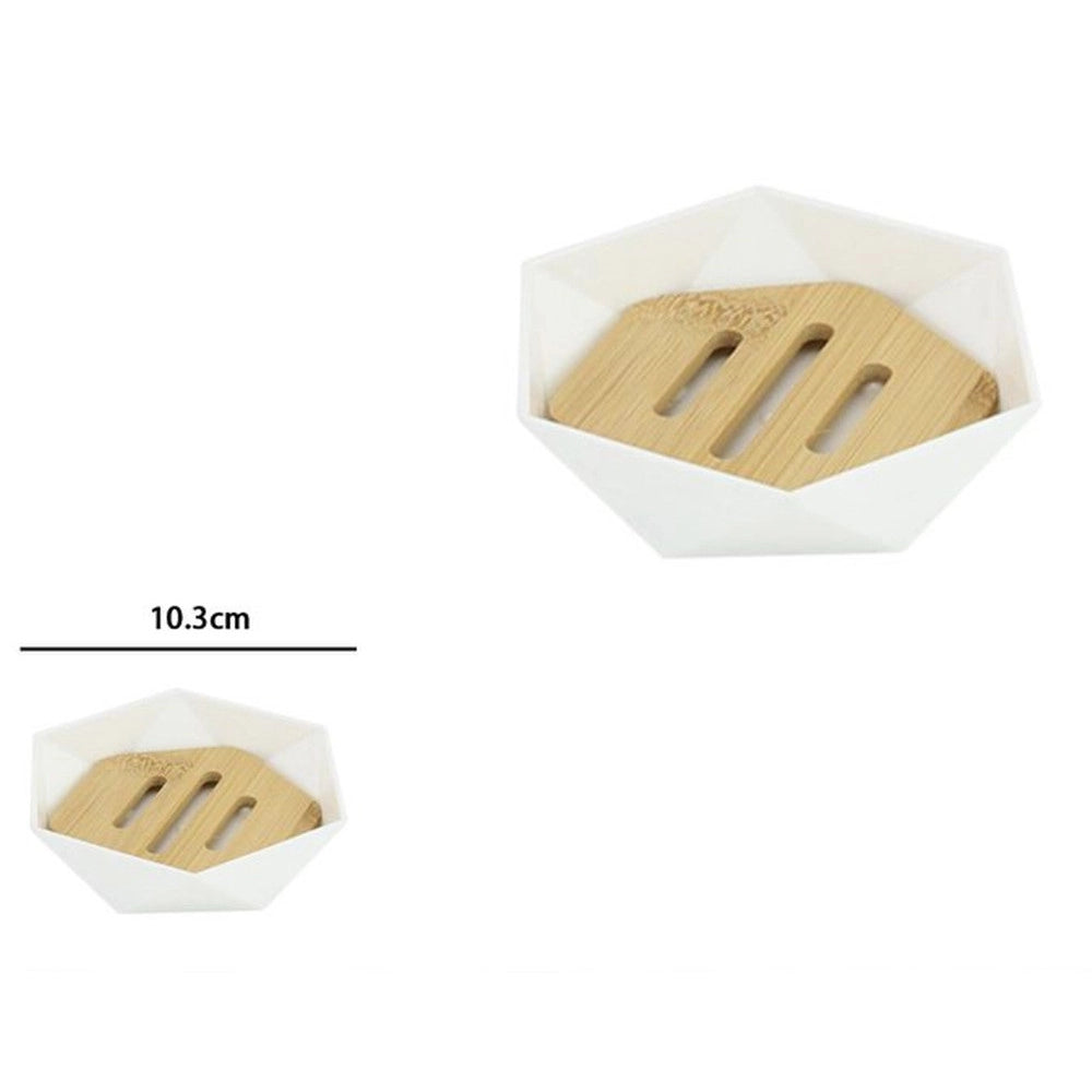 Trade Shop - Piattino Porta Sapone Saponetta Forma Esagonale Geometrico Bianco Legno Da Bagno 10838 -