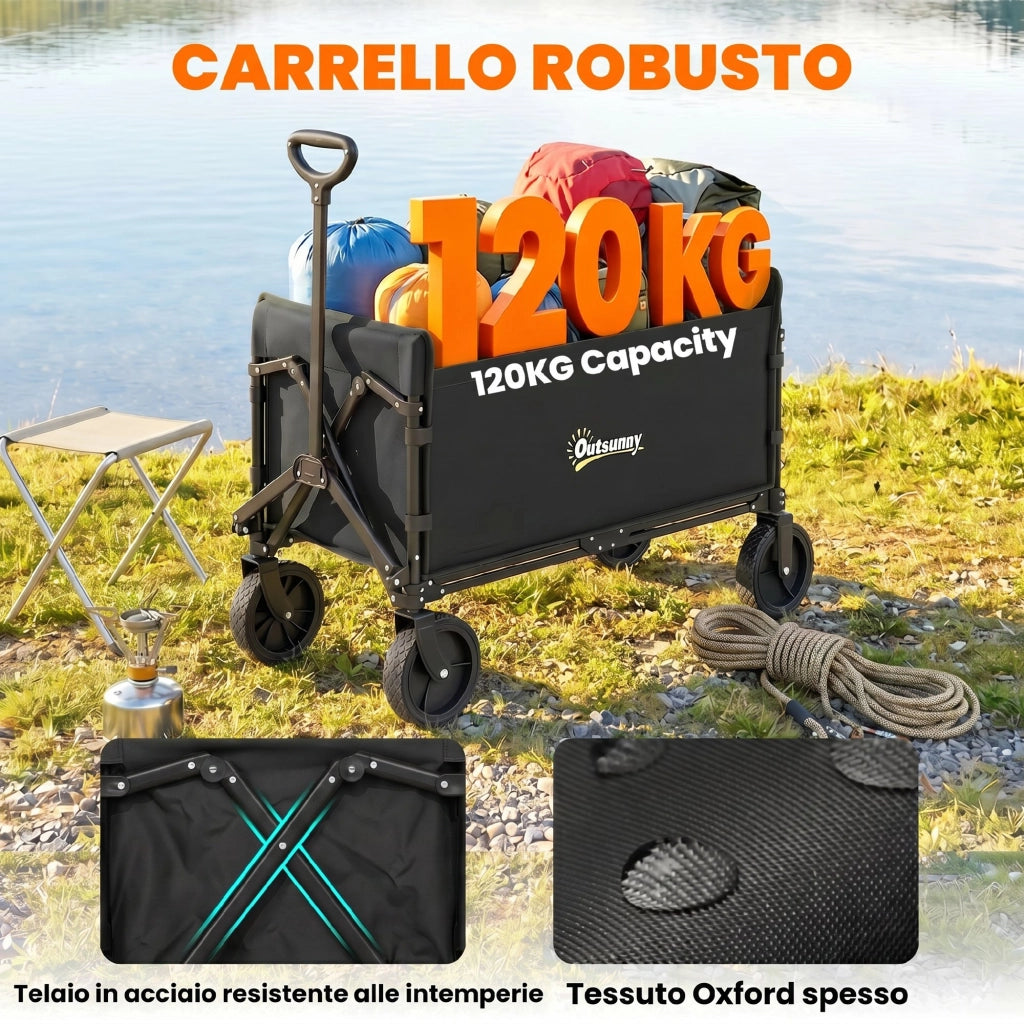 Carrello da Giardino Pieghevole 180L ¨C Minimal ¨C Acciaio Poliestere Nero 90x48x62 cm