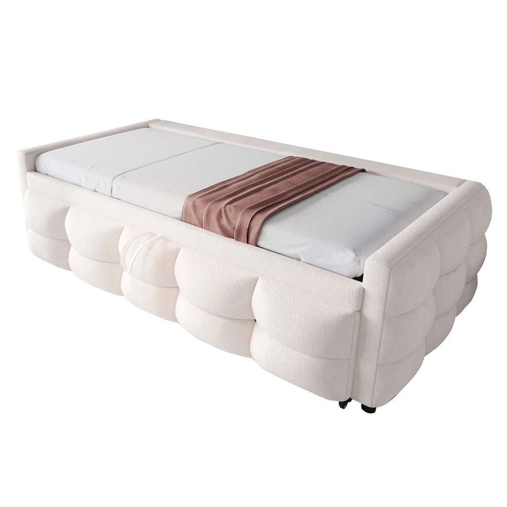 Letto Imbottito Estraibile in Velluto Teddy ¨C MINIMAL ¨C Singolo/Matrimoniale 90/180x190 cm con Doghe, Beige