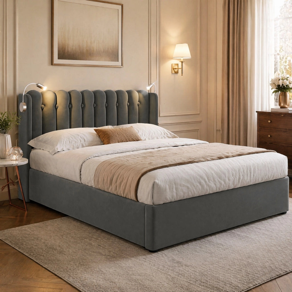 Letto matrimoniale imbottito 140x200 cm in velluto grigio con luce da lettura e USB