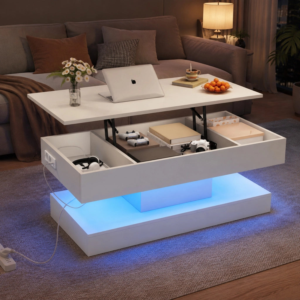 TAVOLO da caffè regolabile 100x50x42 cm bianco con LED, presa EU e vano nascosto