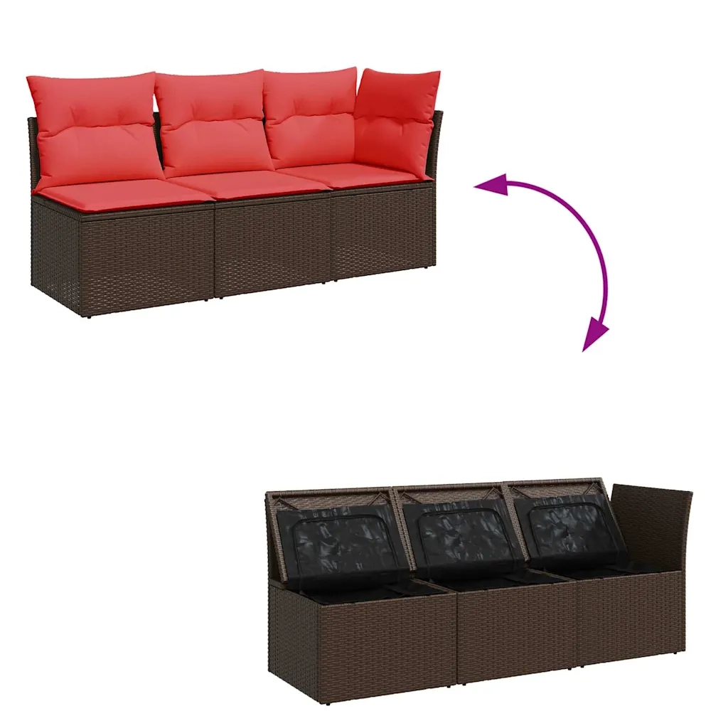 Divano da giardino con cuscini a 3 Posti-Sofa da Giardino-Divano da esterno marrone in polyrattan 175076