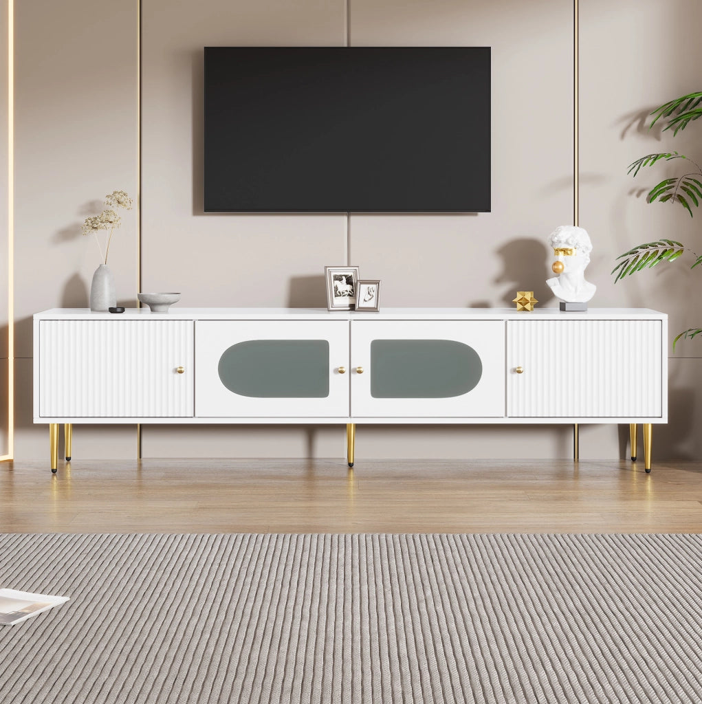 Mobile TV 170 cm bianco con ante scanalate e vetro ad arco
