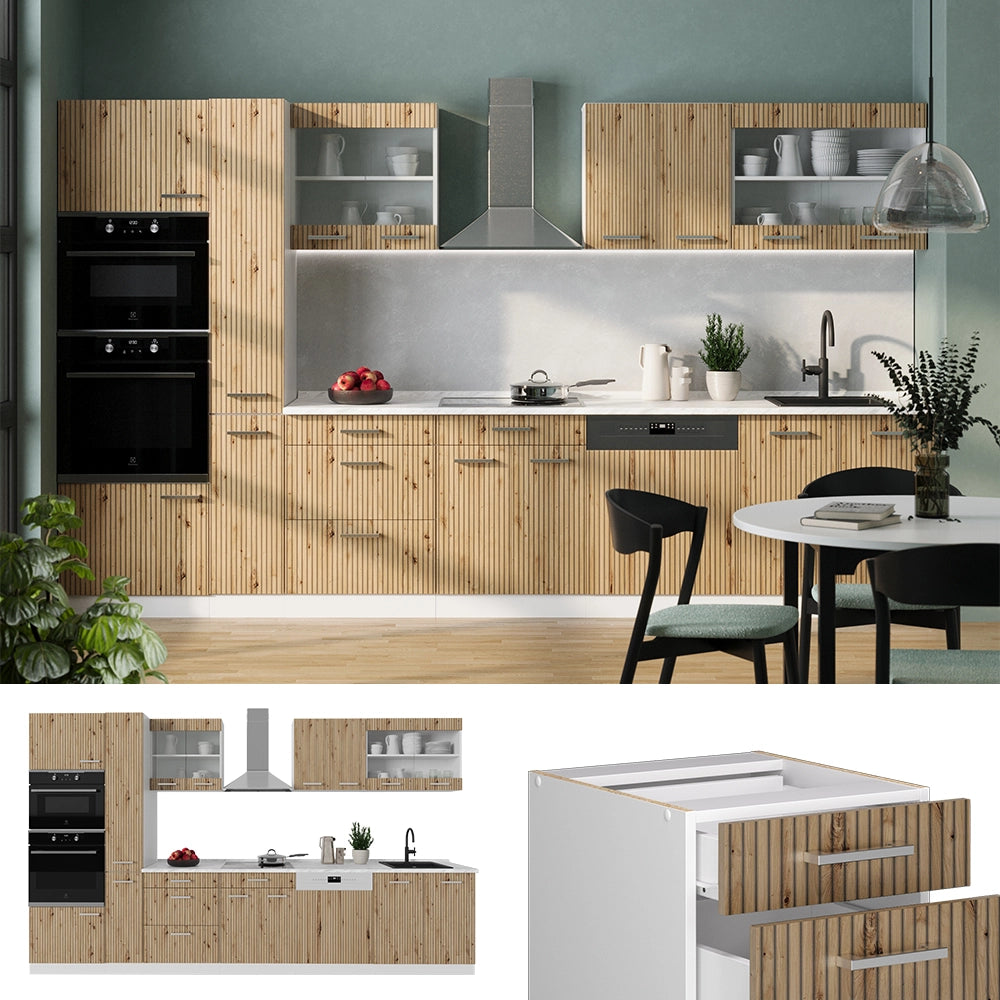 Vicco Cucina componibile Rovere artigianale/bianco 350 cm con armadio alto, PL Marmo