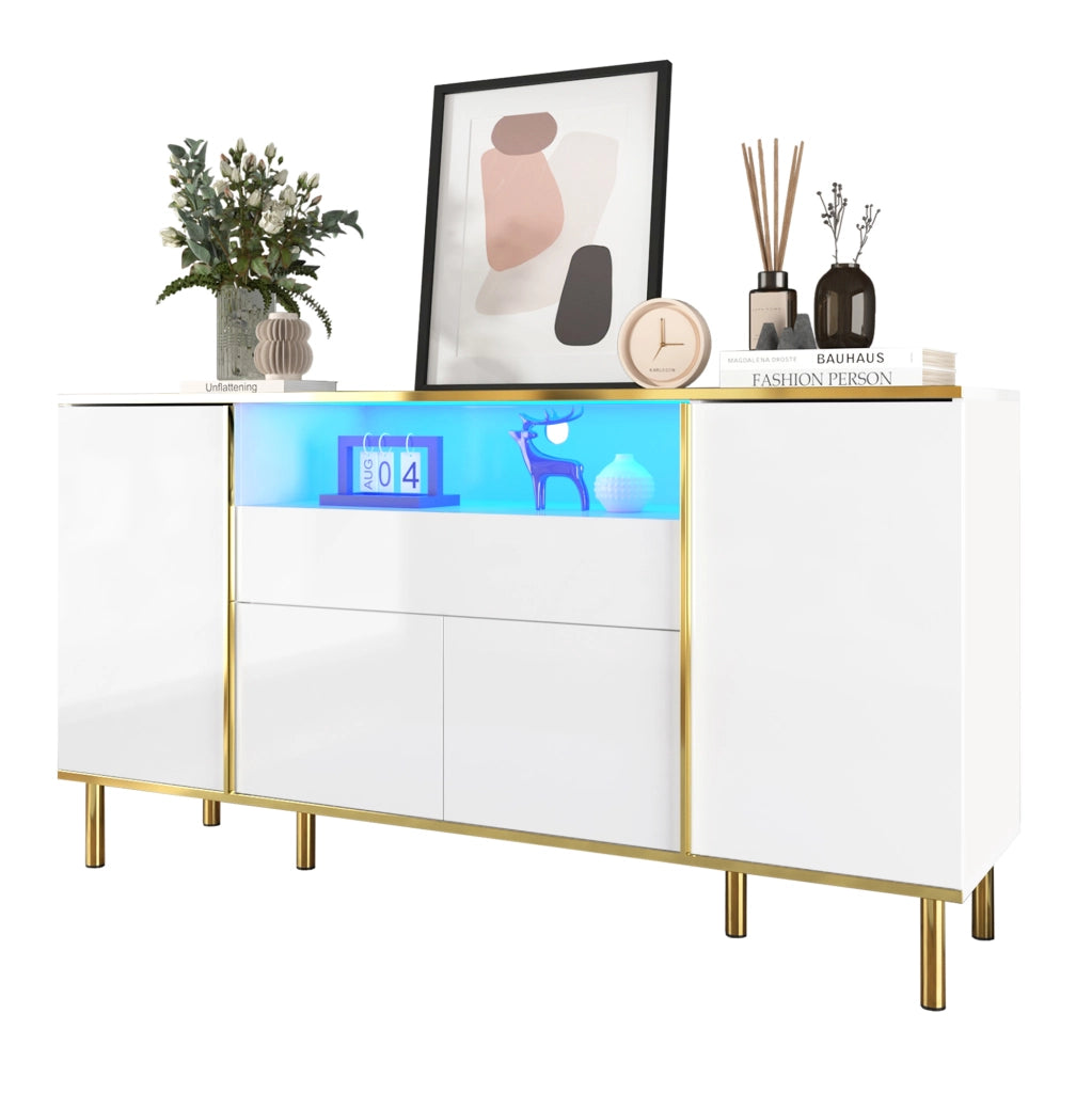 Credenza 150x40x80 cm con LED; 4 ante e 1 cassetto; MDF e pannello truciolare bianco lucido