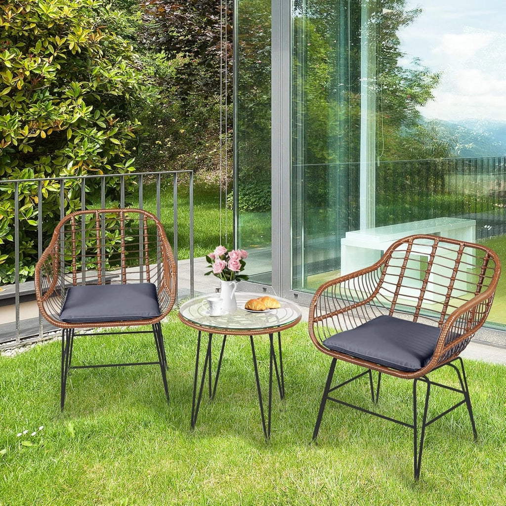 Set di Bistro di Conversazione per Patio, Set di Mobili in Rattan 3 Pezzi con Tavolo Rotondo & 2 Poltrone con Cuscini per Patio, Giardino, Terrazza, Balcone