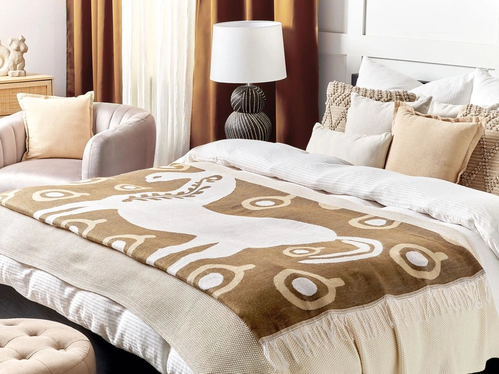 Coperta in acrilico marrone 130 x 170 cm copriletto in poliestere motivo cavallo con frange soggiorno camera da letto