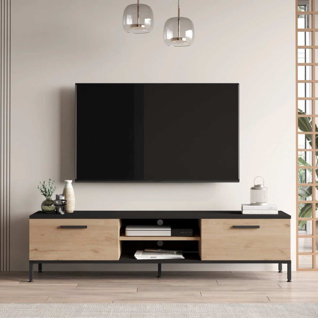 Mobile Basso 'Lempäälä' Supporto TV con Passaggio Cavi Consolle con Sportelli a Ribalta - Effetto Rovere / Nero [en.casa]