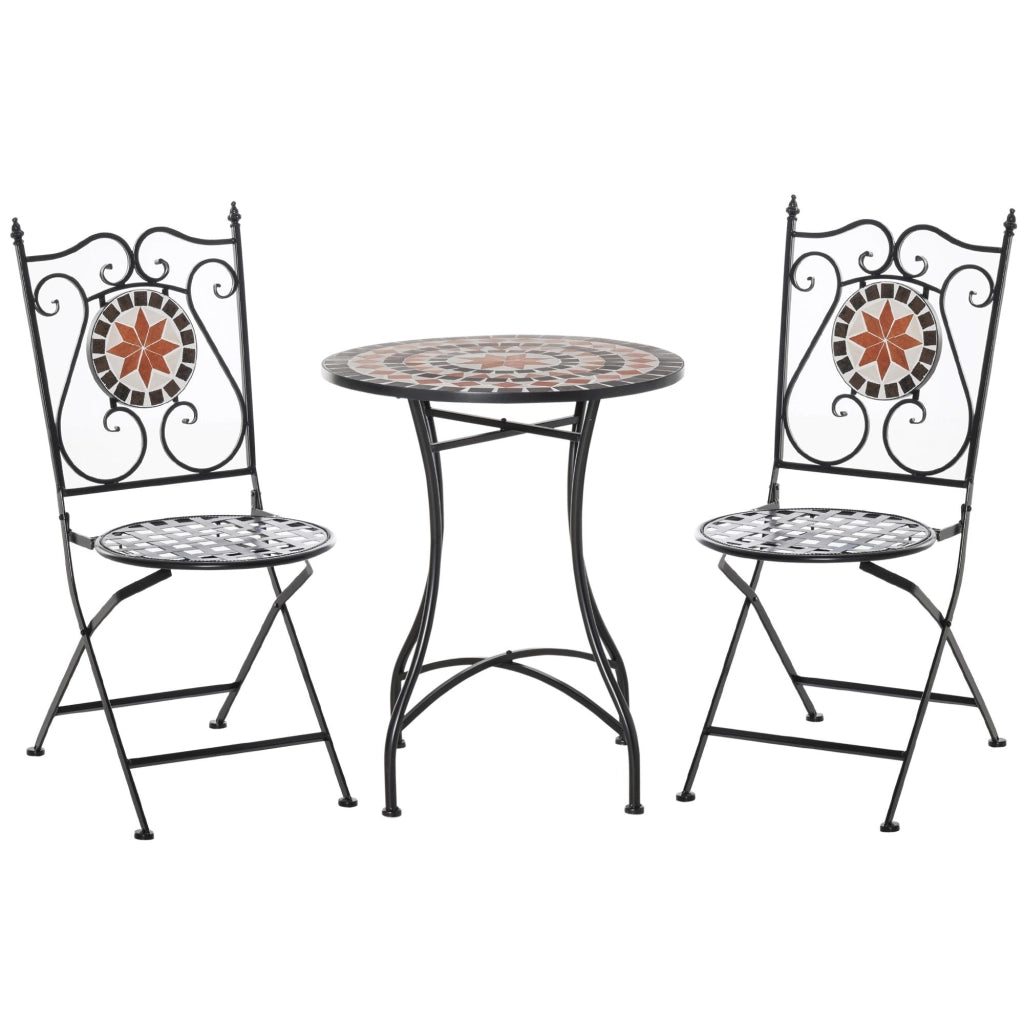 Set Tavolo e 2 Sedie Pieghevoli da Giardino  con Mosaico in Metallo Nero