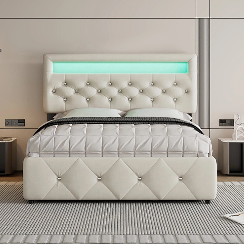 Letto adulto imbottito - Xylo - 140x200 cm - Beige - Con letto a scomparsa, 2 cassetti e comodino con LED