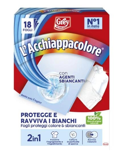 GREY CON AGENTI SBIANCANTI PROTEGGE E RIAVVIVA I BIANCHI 100% FIBRE DI ORIGINE NATURALE 18 FOGLI