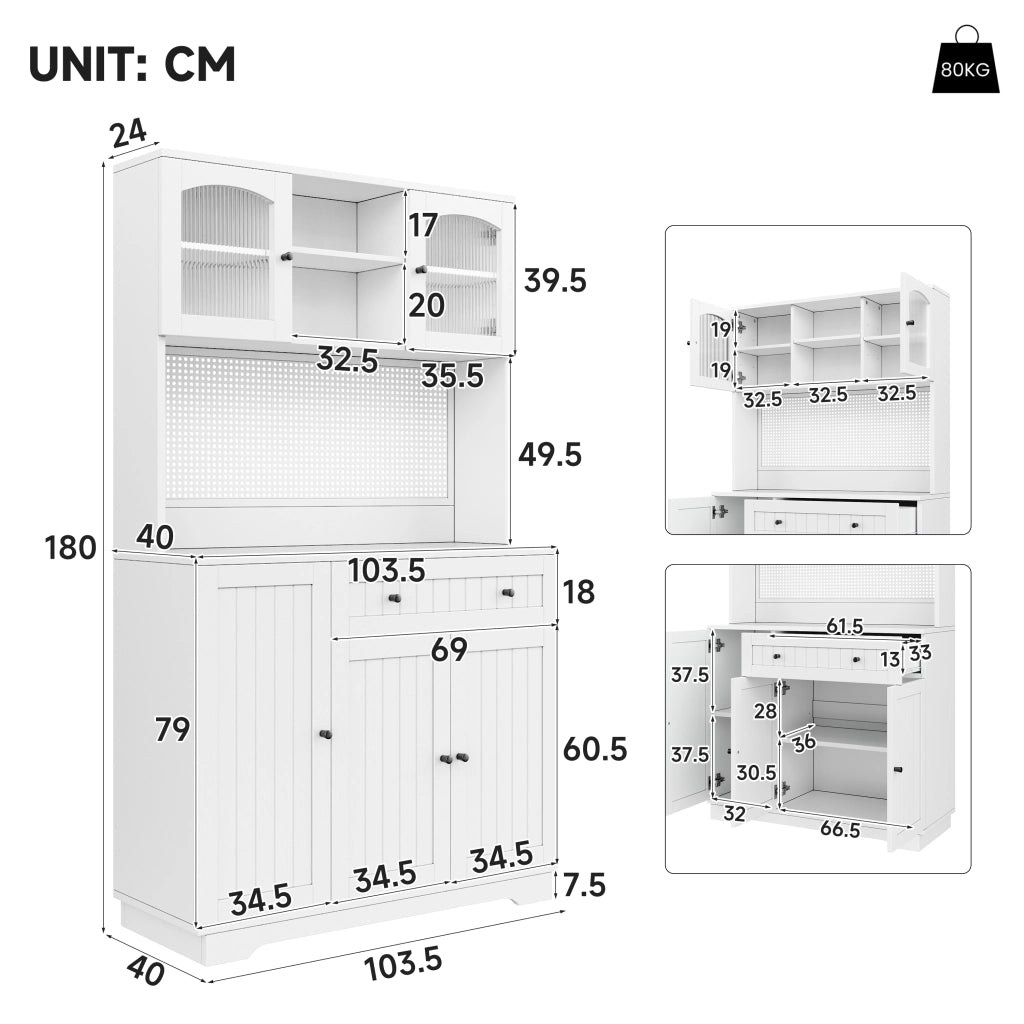 Credenza alta con vetrina e ripiani regolabili per cucina in truciolare bianco 103,5 × 40 × 180 cm