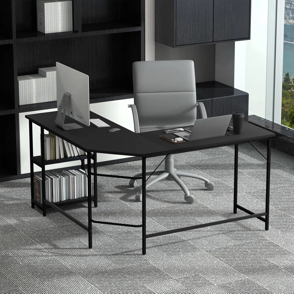 Scrivania Angolare 138 CM, Scrivania ad Angolo con 2 Prese, 2 Porte USB, Telaio in Acciaio al Carbonio e Ripiano a 2 Livelli Rimovibile, Scrivania Salvaspazio da Ufficio e Casa (Nero)