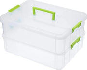 Cassa di archiviazione a 2 livelli in plastica - contenitori di archiviazione regolabili - maniglia portatile - trasparente - organizzatore - giocattoli di artigianato - accessori per cucito - verde