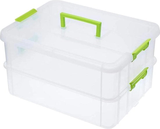 Cassa di archiviazione a 2 livelli in plastica - contenitori di archiviazione regolabili - maniglia portatile - trasparente - organizzatore - giocattoli di artigianato - accessori per cucito - verde