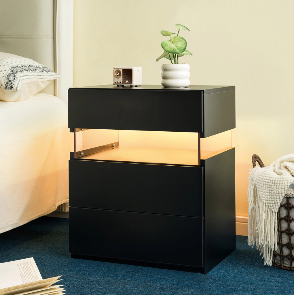 Comodino nero in legno ingegnerizzato con LED RGB e 3 cassetti