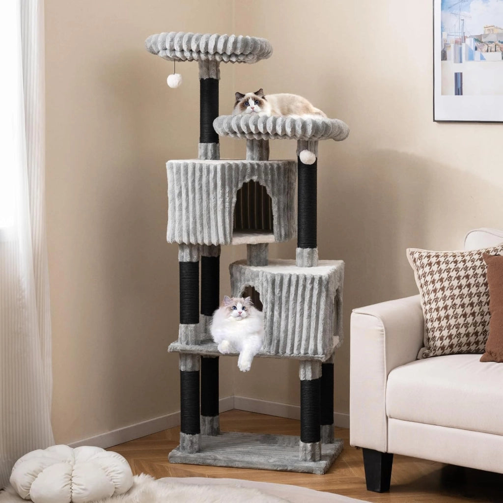 Albero per Gatti Alto 156 cm, Tiragraffi per Gatti con 2 Condo, 2 Letti a Ponte, Pali per Graffi, Palline Sonore Pendenti e Rivestimento Morbido in Flanella, Mobile per Gattini
