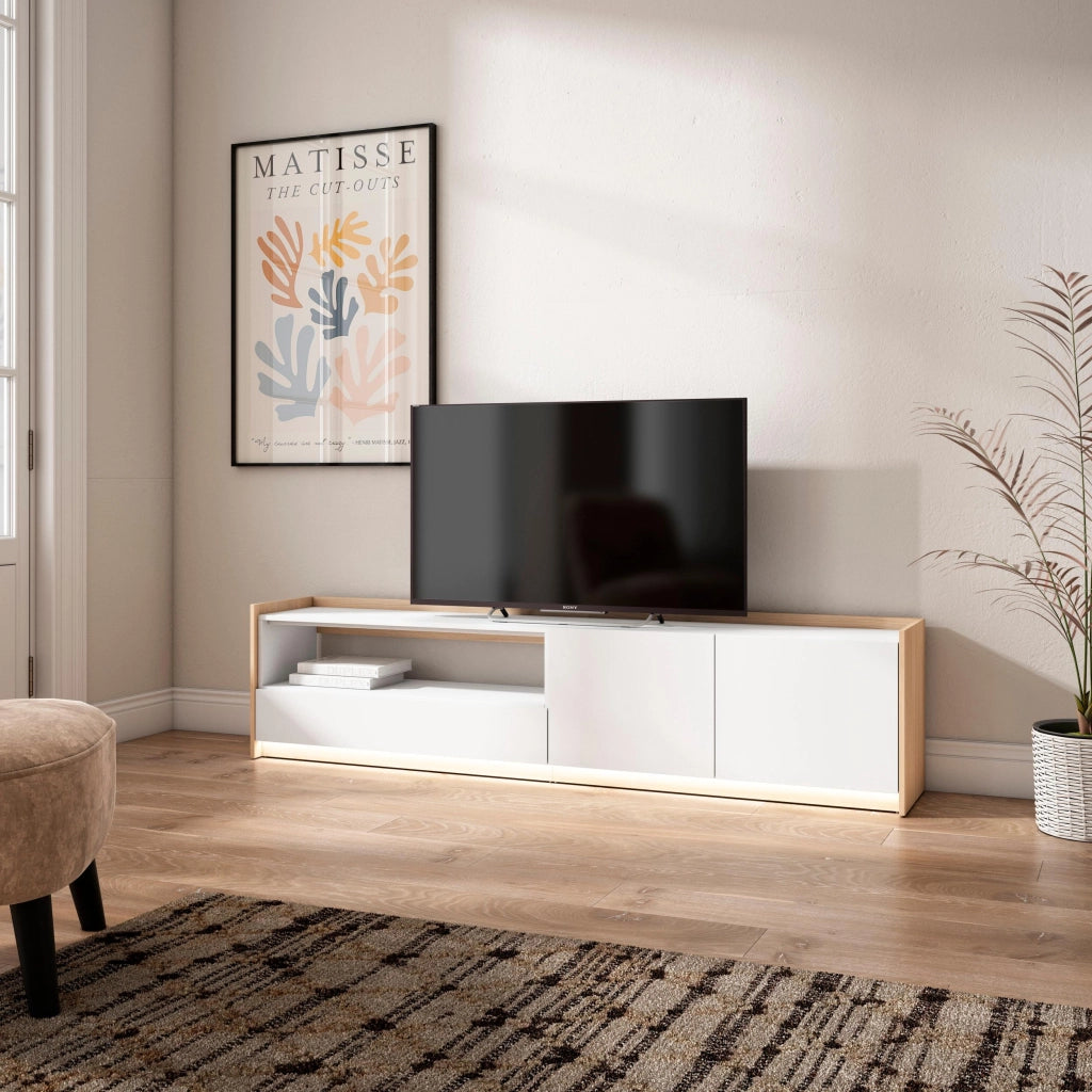 Mobile TV Soggiorno, 207x50x37 cm, Per TV fino a 80", LED, Bianco e Rovere soft