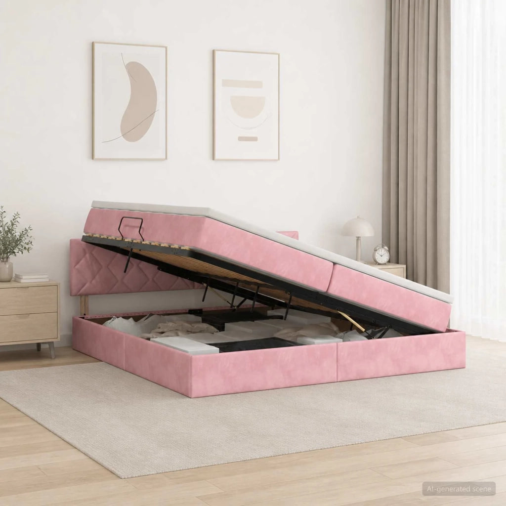 Letto con contenitore LED e materasso Rosa 200 x 200 cm Velluto 3459335