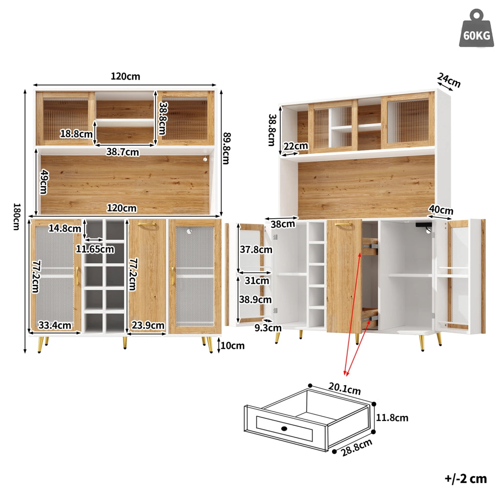 BUFFET 120x40x180 cm in MDF Bianco effetto legno con LED e presa integrata
