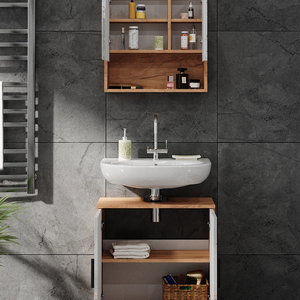 Vicco Set di mobili da bagno Bianco lucido/oro power oak 2 parti, mobile base 60 cm