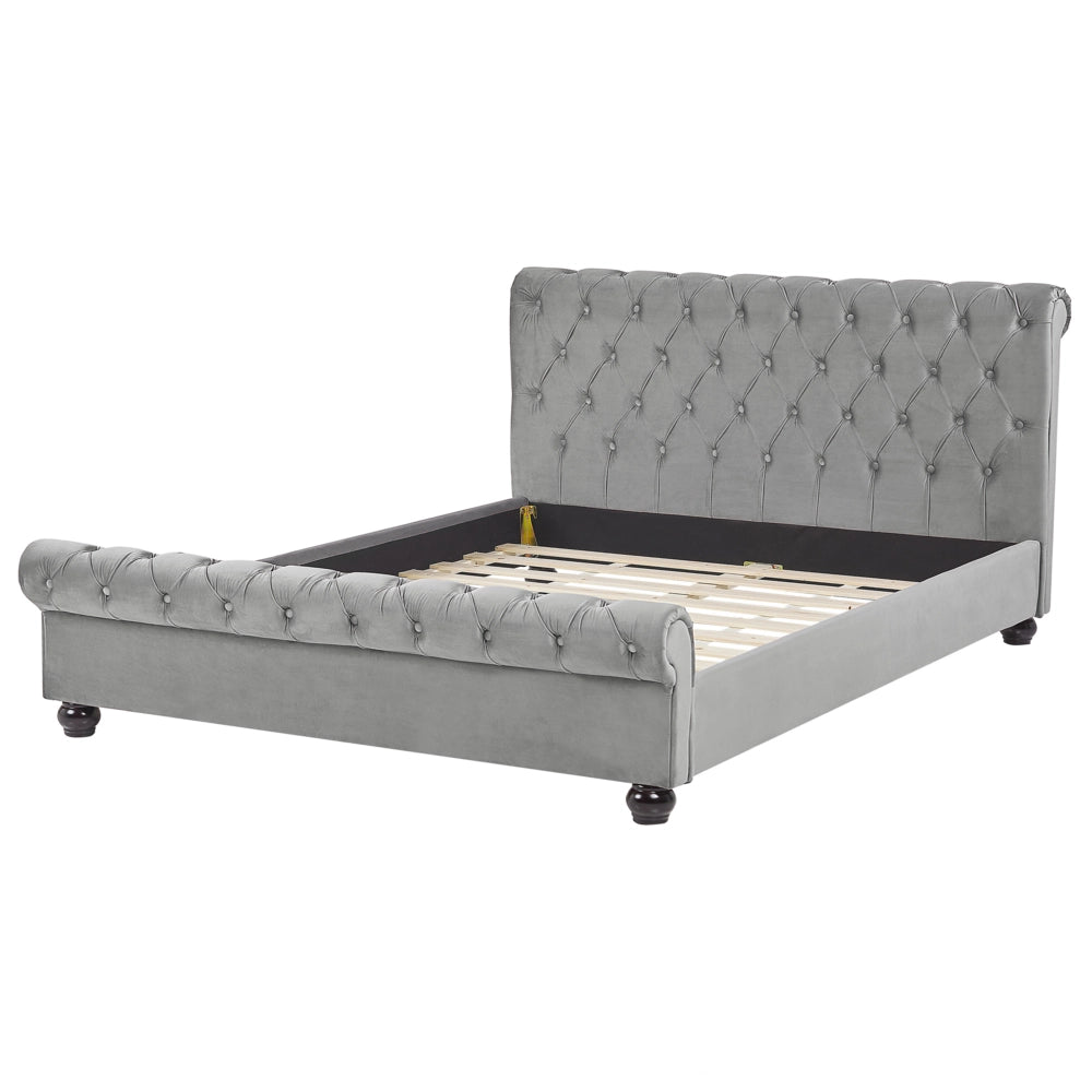 Letto Rivestimento in velluto grigio Gambe in legno Nero 160 x 200 cm capitonnè Glam