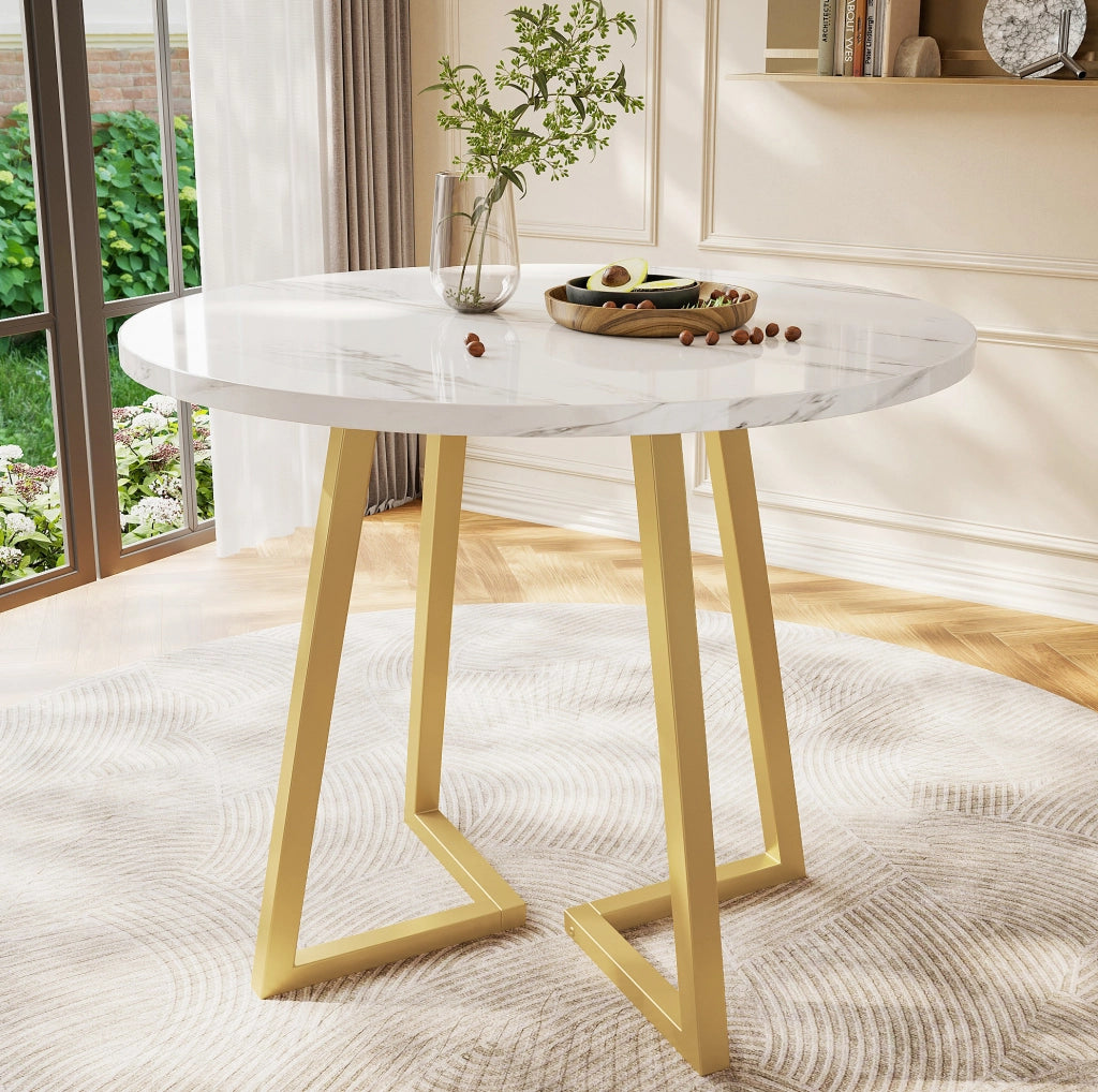 Tavolo da pranzo rotondo 80x75 cm con piano effetto marmo e gambe regolabili in MDF bianco