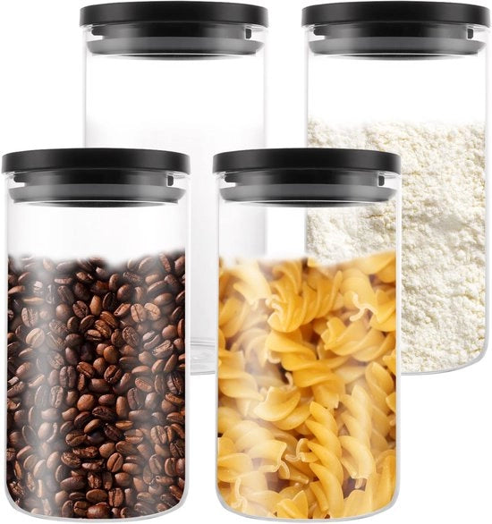 4 pacchi di contenitori in vetro con coperchi - 1,2 L contenitori in vetro a chiusura ermetica con coperchi - contenitori in vetro a chiusura ermetica in nero per koffie, spaghetti, farina, zucchero