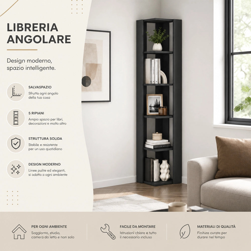 Libreria Angolare 5 Ripiani in Legno Antracite Scaffale Salvaspazio 34x34x161cm