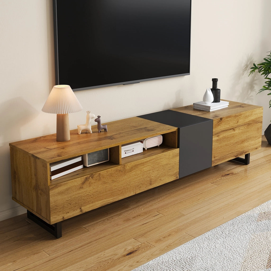 Cassettiera per TV grigio scuro antico e naturale in truciolato lunga 170 cm
