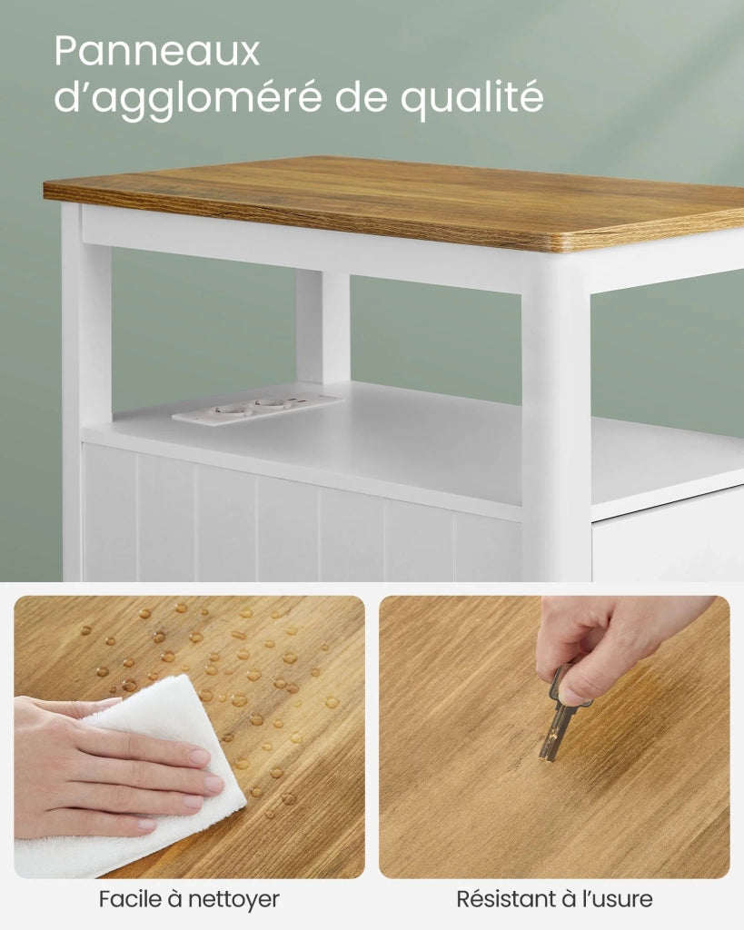 Tavolino laterale con multipresa comodino con 2 cassetti tavolino da caffè piccolo 60 x 35 x 60 cm con ripiano portaoggetti per piccoli spazi bianco 12_0007553