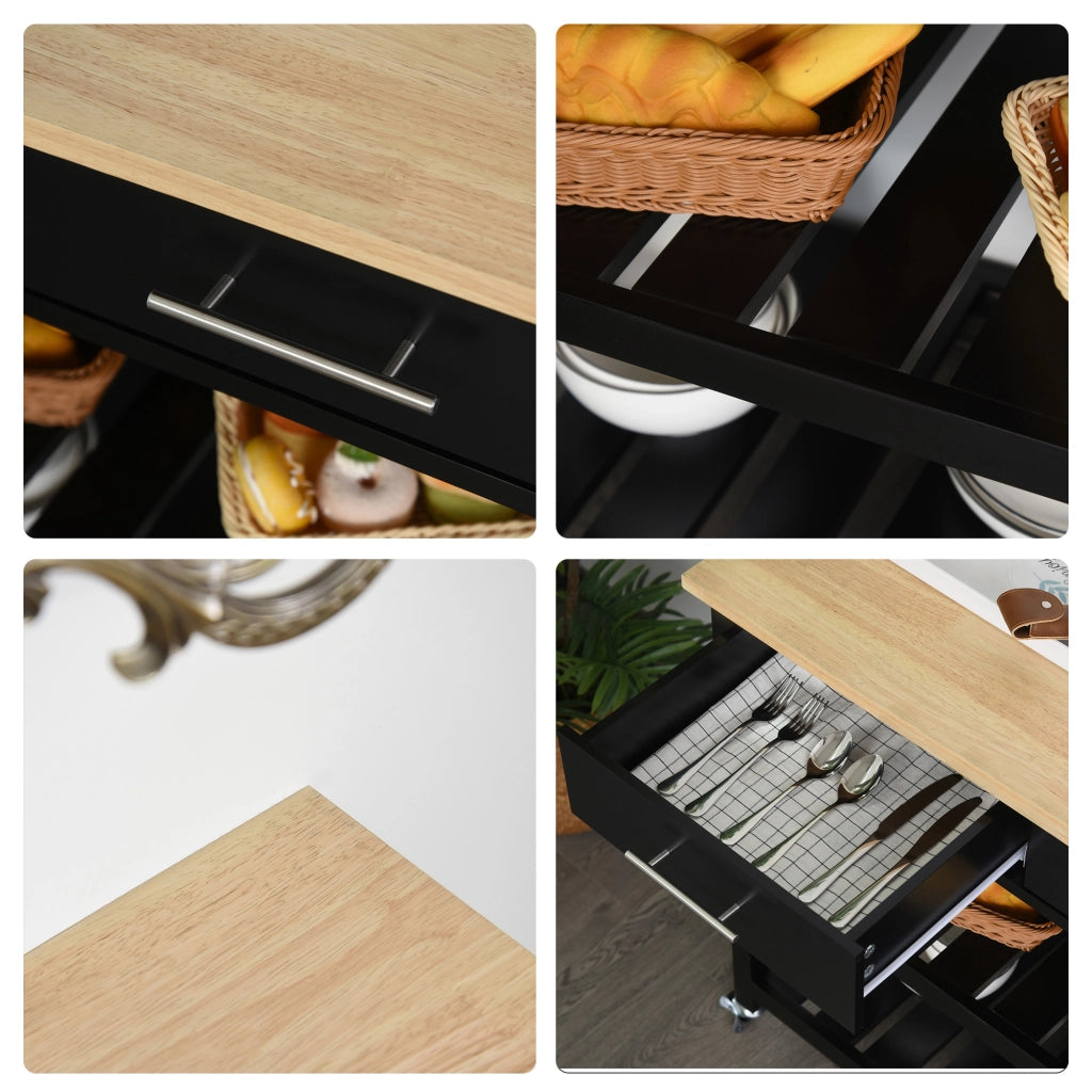 Carrello da cucina con ruote ¨C zephmum ¨C 2 ripiani, 2 cassetti, nero, legno naturale
