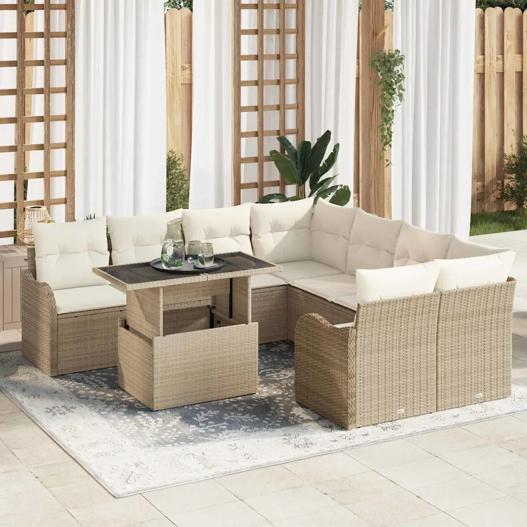 Set Divano da Giardino con cuscino 9 pcs Beige Poly Rattan