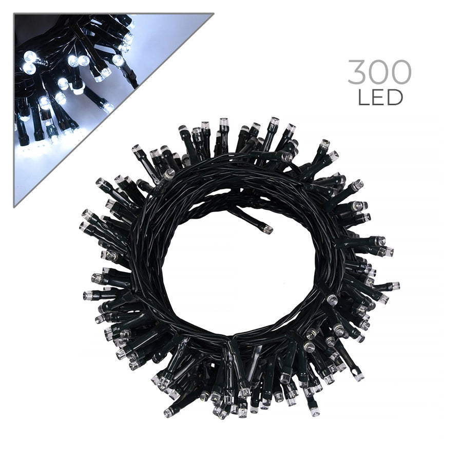 CATENA LUMINOSA LED 300 LUCI BIANCHE DA 15M PER INTERNI ED ESTERNI - CAVO VERDE CON CONTROLLER 8 FUNZIONI E TRASFORMATORE 31V