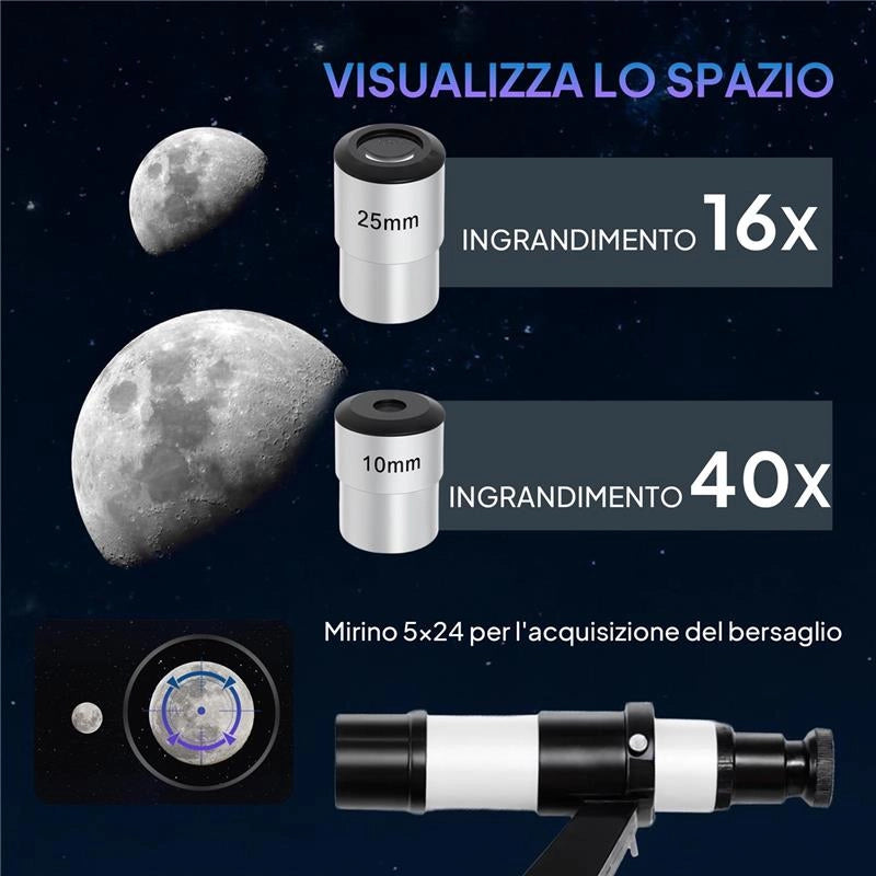 TELESCOPIO ASTRONOMICO 80MM CON MONTATURA AZ, 2 LENTI OCULARI E ADATTATORE SMARTPHONE, 92X92X130 CM, BIANCO E NERO
