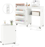 Tavolo da Cucito Pieghevole, Tavolino da Cucito con 5 Ruote, Mobile per Macchina da Cucire, Ampia Piano di Lavoro, 3 Vassoi Portaoggetti e Ripiano Aperto, con Stazione di Ricarica (Bianco)