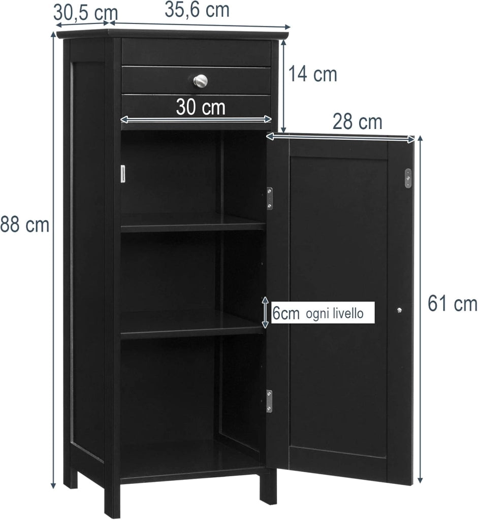 Armadio da Terra per Bagno, Mobile Armadietto con Cassetto, in MDF (E1) di Alta Qualità (Nero)