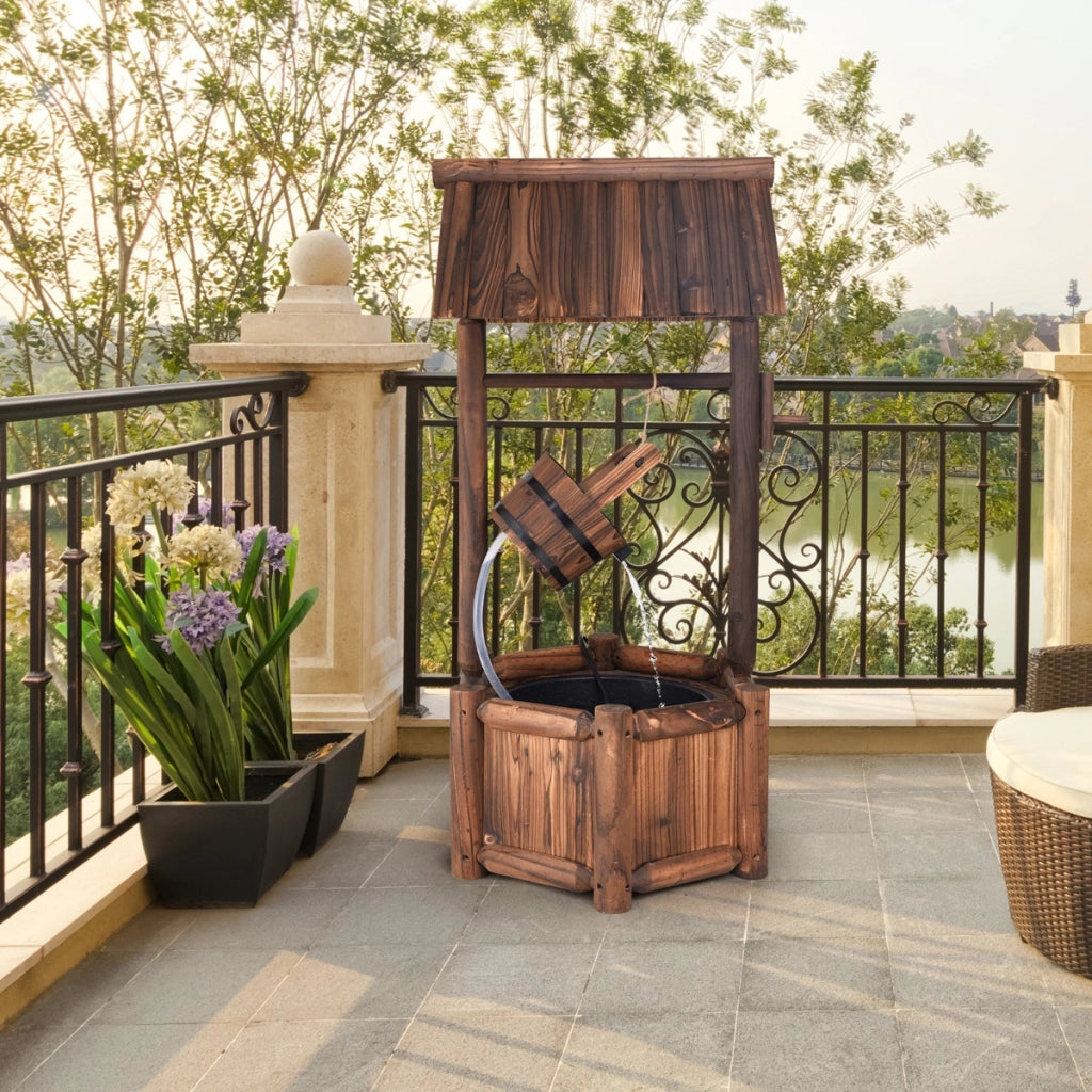 Fontana d¡¯acqua del pozzo dei desideri con pompa elettrica, Fontana decorativa di legno rustica per giardino-Decorazioni da giardino