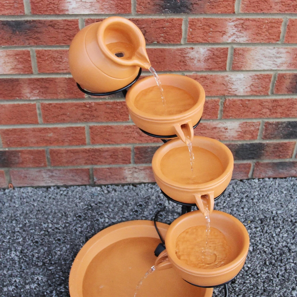 Fontana Solare a Cascata da Giardino con Batteria di Supporto da 6 Ore Fontanella con Pannello Solare e Picchetto Fontanella a Vasi Fontana con Ciotole - Terracotta
