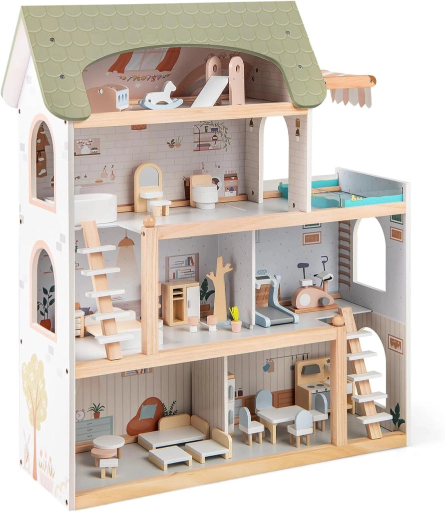 Casa delle Bambole in Legno, Casa Bambole con 4 Piani, 6 Stanze, Terrazza, Piscina e Scale, Casetta Giocattolo Educativo con 33 Mobili Accessori, per Bambini 3+ Anni, 63 x 25 x 78 cm (Rose)